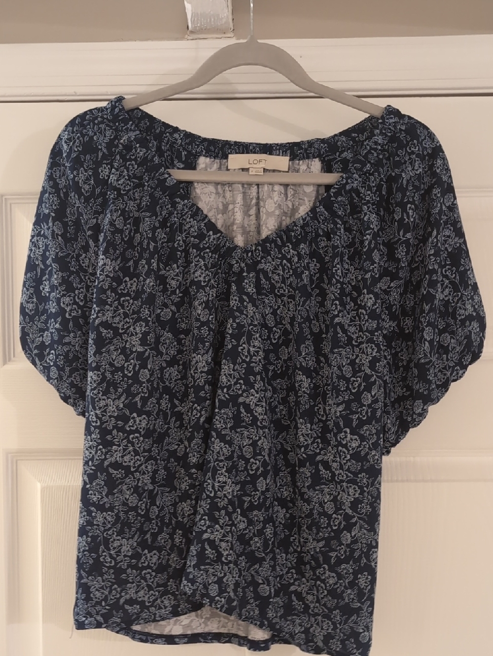 LOFT Navy Blue Floral Mixed Media Peasant Blouse